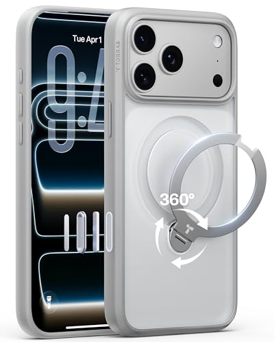 Image of TORRAS Q3 Spin for iPhone 17 Pro Case, 360 Magnetic Stand, Silver | Compatible with MagSafe, Built-in Kickstand, Camera Control, 4X Military-Grade Shockproof Translucent Phone Case for 17 Pro