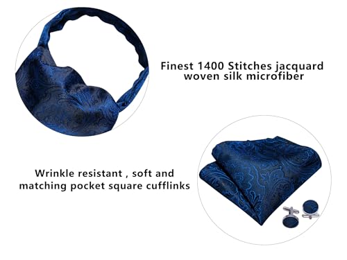 Image of Barry.Wang Ascot Ties Cravat Tie Men Paisley Plaid Scarf Self Tie Pocket Square Cufflinks Set Wedding Party