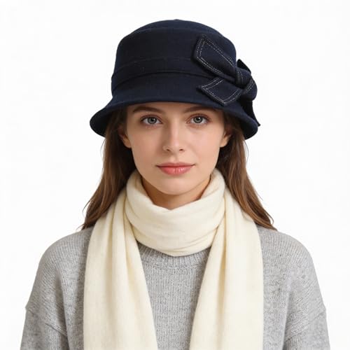 Women Felt Bucket Hat Vintage Floral Wool Dress Winter Hats, Bow-navy, Medium