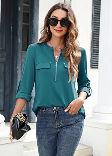 Image of Bulotus 3 /4 Length Sleeve Womens Striped Tops Zipper V Neck Collared Blouses Business Casual Tunics 2026 Spring Trendy