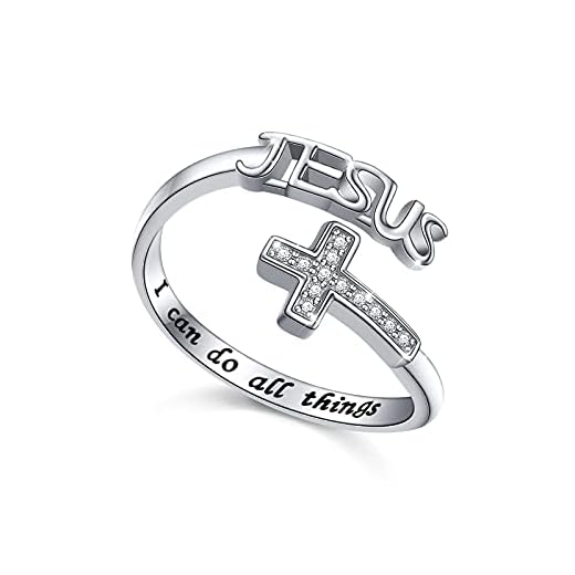 DAOCHONG Anello a croce in argento Sterling 925 con incisione I Can Do All Things Gesus, anello regolabile, regalo di Pasqua religiosa per donne, ragazze, cristiani, Argento,17