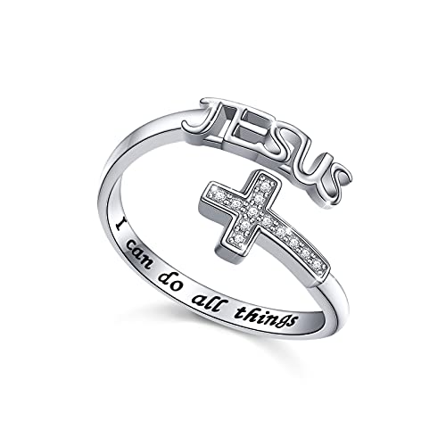 Bague en argent sterling 925 Croix de Jésus réglable pour femme chrétienne