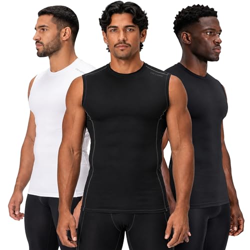 Image of DEVOPS 3 Pack Men's Athletic Compression Shirts Sleeveless | Gym Training, Running, Moisture Wicking, Compression Fit, 4-Way Stretch, UPF 50+, Sleeveless