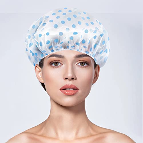 OWill Duschhaube für Damen,6 Stück,wasserdichte und wiederverwendbare duschhauben,Punktmuster shower cap 28 cm Breite mit elastischem Band,große Kunststoffkappe für langes Haar