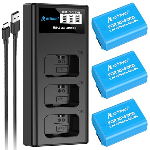 Artman NP-FW50 Battery 3-Pack and 3-Slot ZV-E10 Battery LCD Charger for Sony ZV E10, Alpha A6500 A6400 A6300 A6000 A5100 A5000, A7S II, A7S, A7R II, A7R, A7 II, A7, RX10 II III IV Cameras, Blue