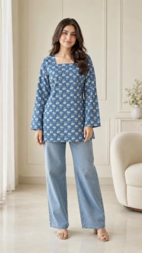 Image of Women's Floral Printed Cotton Kurti Summer Cotton Tunic Top for Girls