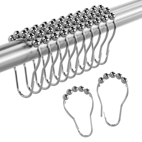 Image of Amazer Shower Curtain Hooks Rings, Anti-Rust Metal Double Glide Shower Hooks for Bathroom Shower Rods Curtains-Set of 12-Nickel