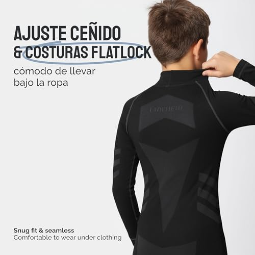 Ladeheid Camiseta Térmica Niño Manga Larga – Camiseta Deportiva de Compresión, Ropa Interior Funcional Unisex Niños, Transpirable y Cálida para Invierno y Deportes LAGI007 (Negro/Grafito, 146-152)