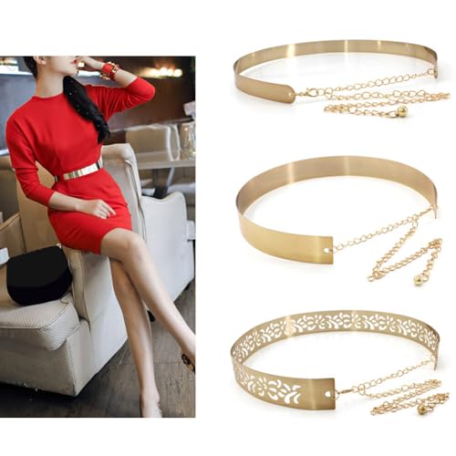 ikasus Women Gold/Silver Metal Belt Shiny Polished Adjustable Gold Metal Mirror Waist Belt for Evening Dresses Type 13