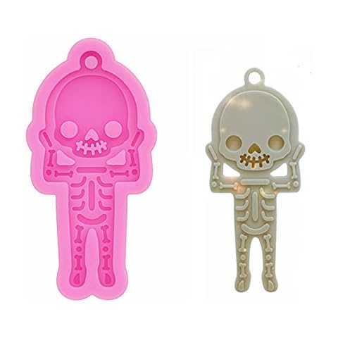 Glossy Shiny Halloween Cute Skull Skeleton Shape Keychain Silicone Mold with Hole for DIY Decoration Candy Necklace Craft Earrings Trinket Pendant Luggage Tag Crystal Desserts Epoxy Fondant Mold Cover