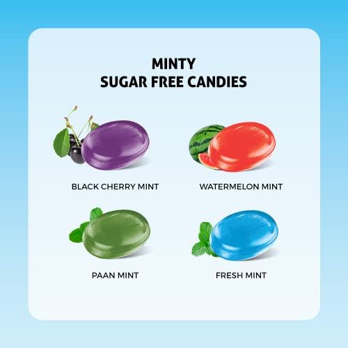 Image of TROFFINO SUGAR FREE Mint Assorted Candy Tin 4 Mouth Watering Mixed Fruit Flavors, (50 Candies) - Black Cherry, Paan, Watermelon, Fresh Mint - Pack of 1
