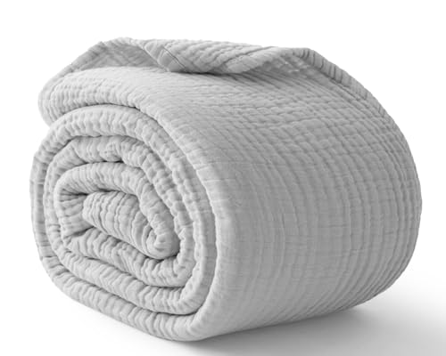100% Cotton Muslin Blanket Queen 90" x 90", Breathable and Lightweight Cotton Throw Blanket for Bed, Soft Cooling Summer Gauze Blanket for Adults All Season, Light Grey