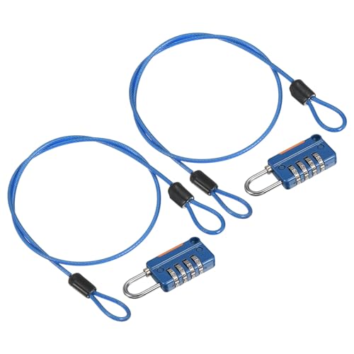 Image of PATIKIL Security Steel Cable with 4 Digit Combination Lock, 2 Set 1.6Ft Coated Safety Wire Rope Double Loop Padlock for Outdoor Travel Luggage, Blue