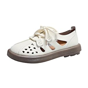 Women’S Leather Lace Up Cutout Loafers Soft Platform Lightweight Closed Toe Breathable Outdoor Walking Sandals Casual Wide Round Toe Anti-Slip Comfort Slip On Oxfords