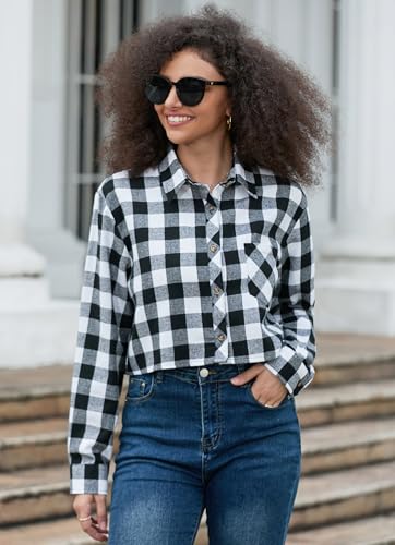 Image of SANGTREE Women and Girls Long Sleeve Flannel Casual Button Down Plaid Shirt