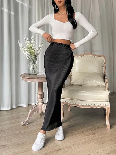 Women Casual Elastic Waist Pencil Skirt Midi Long Skirt4