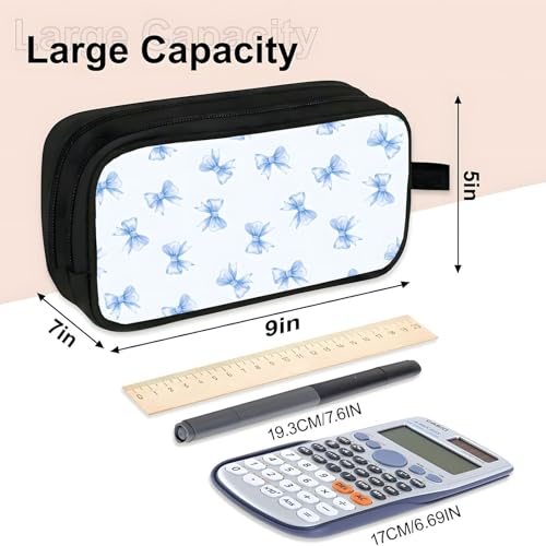 Image of WOBAGMEN Double Layer Pencil Case with Handle Large Pencil Bag Cute Print Pencil Pouch for Boys Girls (Blue Bow)