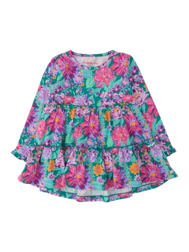 Image of RuffleButts Girls High Low Tunic - Long Sleeve Ruffle Tunic Top | 100% Cotton Fabric, Solid Color, Asymmetric Hem, Flowy Silhouette, Machine Washable, Kid Size