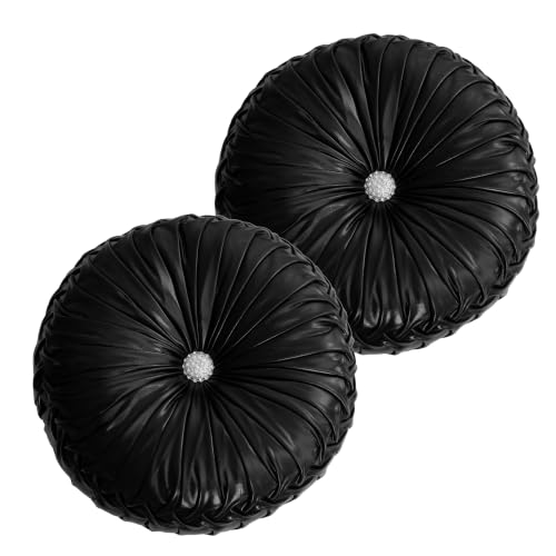 Image of HIG Set of 2 Black Metallic Leather Decorative Round Pleated Throw Pillows