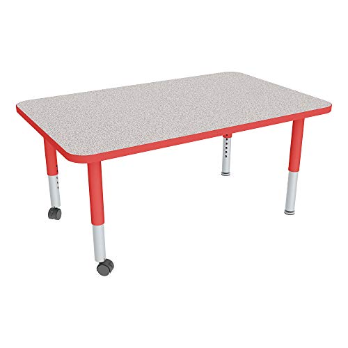 Image of Sprogs Adjustable Height Mobile Classroom Activity Table for Preschools, Rectangle Preschool Activity Table with Casters, 30 inchD x 60 inchW x 23 inchH, Gray /Red