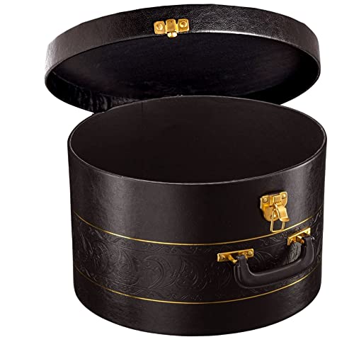 Cowboy Hat Box For Men & Women Storage - Round Hat Travel Case With Gold Locking Lid - Hat Case For Travel Has Gold Rim And Sturdy Handle Great For Carrying & Protecting Round Hats And Caps (Black) #TOP4