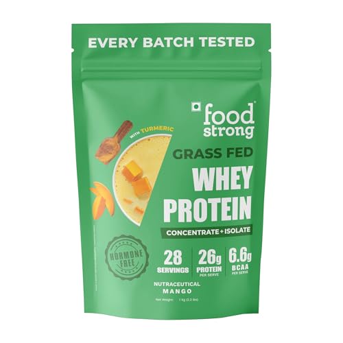Image of Foodstrong Whey Protein Powder (Concentrate + Isolate), 100% Hormone Free Grass-Fed Whey, 24G Protein & 6.6G BCAA, Mango, With Turmeric & Digestive Enzymes, 1KG