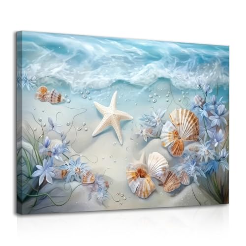 Dazzlewall Encadré Art Mural en Toile Vagues de l'Océan Tableau Coquillages et Etoiles de Mer, Affiche de Plage Océanique pour Salle de Bain Chambre Salon...