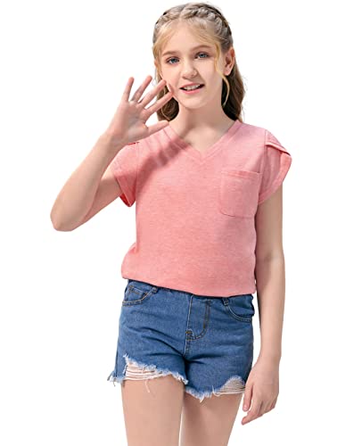 Goforparis Girls Summer T Shirts Petal Short Sleeve Casual V Neck Tops With Chest Pocket Tee For Kids Solid Pink 7-8 Year #TOP3