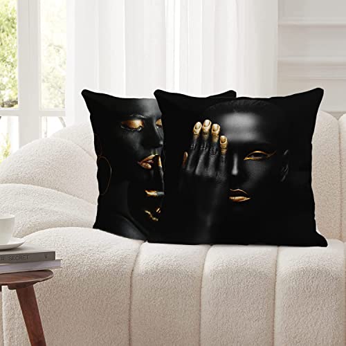 Emvency Set Of 4 Throw Pillow Covers Modern Black And Gold Lip Fingers Face African Women Ethnic Tribe Decorative Pillow Cases Home Decor Standard Square 18X18 Inches Pillowcases thumb #3
