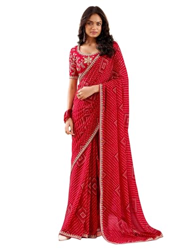 Image of SIRIL Women's Georgette Bandhani Printed, Embroidery Lace Saree With Unstitched Blouse Piece