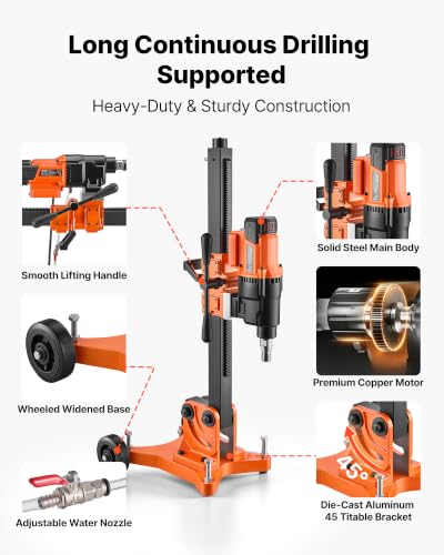 Image of VEVOR Diamond Core Drilling Machine Dry and Wet 0.8 inch-12 inch Drilling Capacity | 5-inch Wet Drill Bit, Tiltable Stand & Wheeled Base, 3200W 2-Speed 800RPM /430RPM, UNC1 1 /4-7 Thread for Concrete Brick Stone