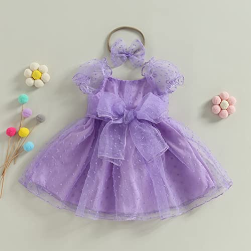 Toddler Baby Girl Princess Dress Puff Sleeve Bowknot Flower Layered Mesh Tulle Dress with Headband2