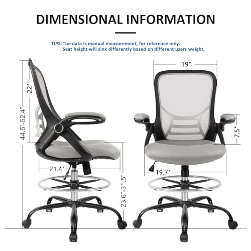 Image of HYLONE Drafting Chair, Tall Office Chair Standing Desk Chair Grey Mesh High-Back Drafting Stool with Flip-Up Arms, Adjustable Foot Ring