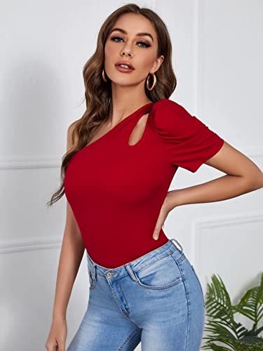 Image of Rare One Shoulder Cut-Out Puff Sleeve Top Maroon