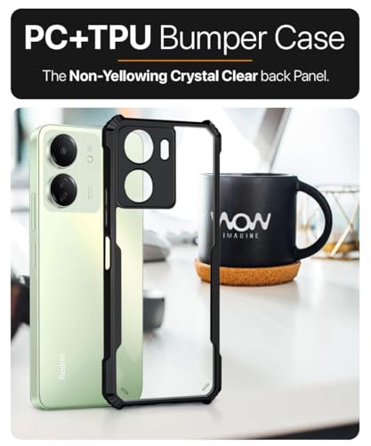 Image of WOW IMAGINE Shock Proof Clear Protective Back Case for Redmi 13C 4G | Poco C65 - AirEDGE Technology | 360 Degree Camera Protection | Transparent Hybrid Back Case Mobile Cover - Black