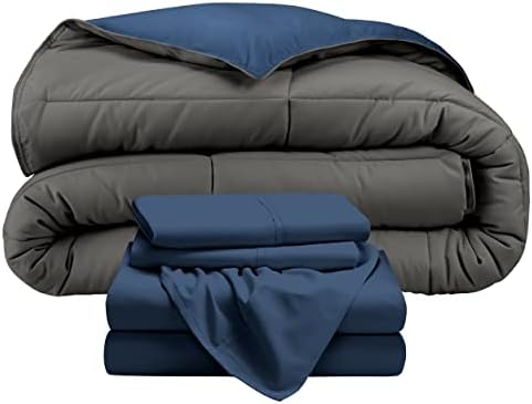Bare Home Reversible Bedding Set 4 Piece Comforter & Sheet Set - Twin Extra Long - Down Alternative - Soft - Bedding Set (Twin XL, Dark Blue/Grey, Dark Blue)