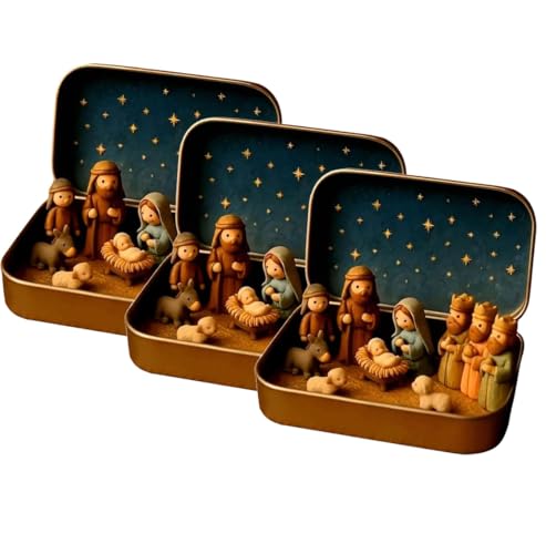 2026 New Mini Christmas & Easter Nativity Set in a Tin Box - Mini Easter Jesus Classic Scenes - Small Pocket Nativity Sets & Figures Easter Decoration Indoor for Home Gifts Decor (3 D)