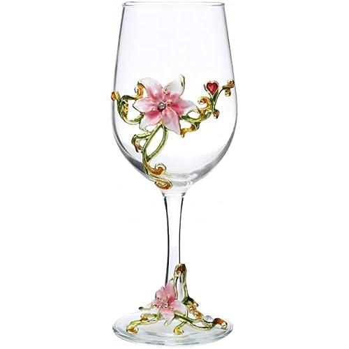 Simcat Handmade Painted Enamel Flower Glass Wine Glasses Transparent Refined Goblet, Stem For Cabernet, Gifts (Single pink gift box,1 Gift Box)