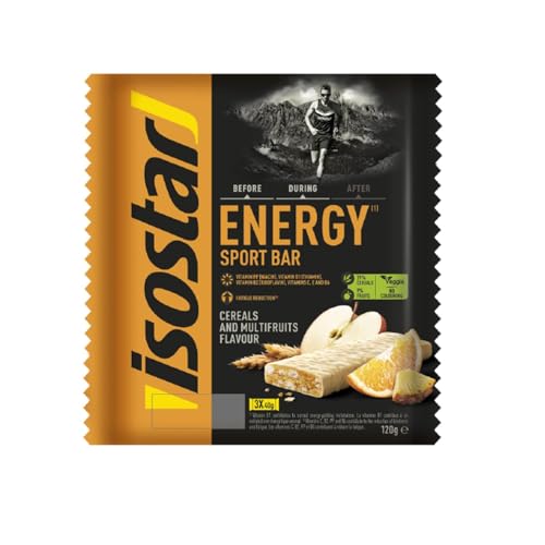ISOSTAR – Energy Sport Riegel Getreide & Multifruits – Sport-Energieriegel mit Kohlenhydraten, Quelle für Vitamin B1, B2, B6, C, E & PP, Snack für Laufen, Radfahren & Trailrunning – 3 x 20 g
