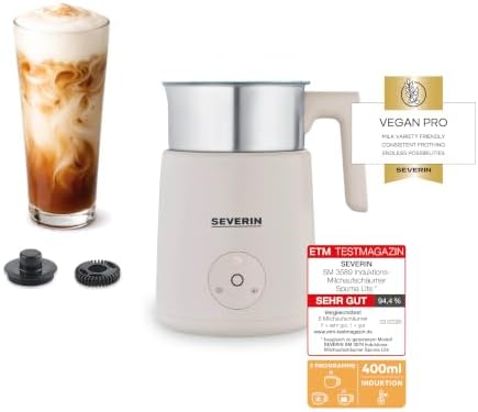 Severin Design Induktions-Milchaufschäumer, elektrischer Milchschäumer mit Edelstahlbehälter, kaltes und warmes Aufschäumen, Schokoladen-Funktion, geeignet für vegane Milch, Aesthe