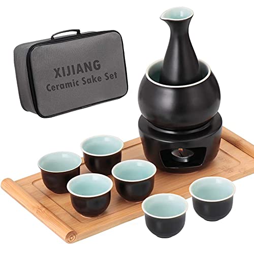 Ceramic Sake Set with Warmer Pot Bamboo Tray, Stovetop Porcelain Hot Saki Cup Set with Travel Gift Box, Set of 10, Black