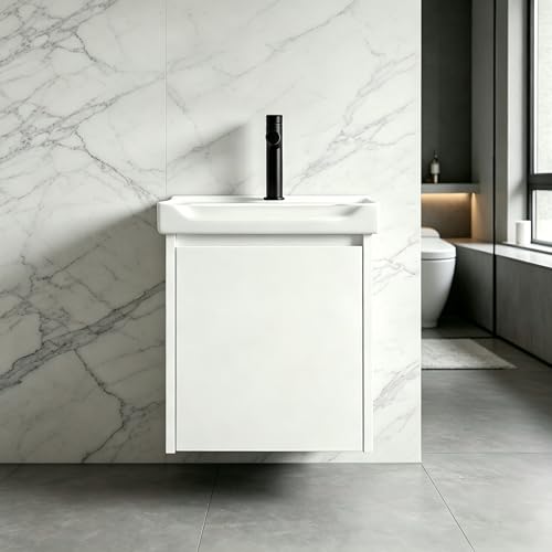 Modern-style 17in wall-mounted bathroom vanity with a ceramic sink and a compact floating vanity cabinet featuring soft-close doors,a storage solution designed specifically for small bathrooms (White)