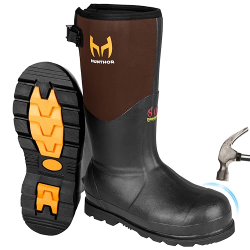 Rubber Work Boots with 800g Insulation, Puncture-Proof Steel Toe & Shank, Waterproof and Insulated 6mm Neoprene Hunting Boots for Farming, Construction, Fishing, and Manufacturing (Size 6-14