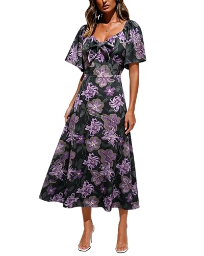 Image of Fashionme Womens Dresses 2026 Maxi Dresses Deep V Neck Elegant Bow Tie Front Cap Sleeve Summer Floral Satin Smocked Dress