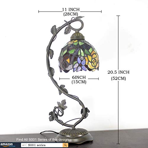 Werfactory Tiffany Table Lamp Red Rose Style Stained Glass Reading Desk Light With Metal Leaf Base 6X10X21 Inches Decor Small Space Bedroom Home Office S001 Series #TOP3