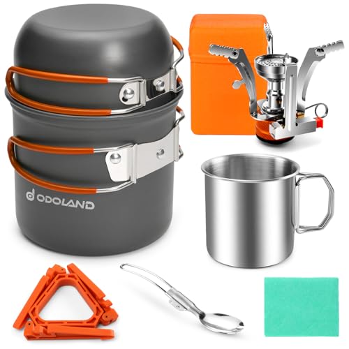 Odoland 8pcs Camping Cookware Mess Kit, Camping Pot and Pan Set with Mini Backpacking Stove, Stainless Steel Cup, Spork and Tank Bracket, Cooking Gear for Outdoor, Hiking, Picnic, Campfire