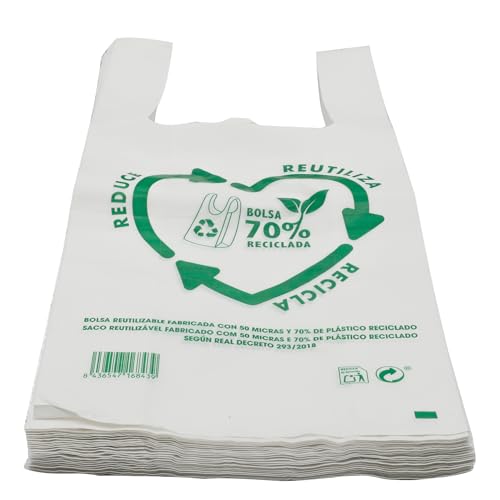 various Bolsas de Plástico Blanco 40x50 cm 100 Unidad Tipo Camiseta Resistentes, Reutilizables y Recicladas Tamaño 70% Recicladas Cumple Normativa Aptas Uso Alimentario