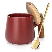 GOOD ALWAYS 14 Oz Ceramic Coffee Mug with Lid and Coffee Spoon for Latte,Cappuccino Mug, Cocoa Mugs, Tea Mug, Birthday Gifts for Women, 1 Pack (Matte Red)