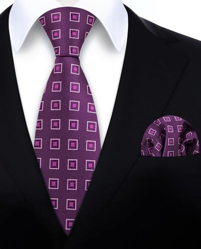 Image of HISDERN Ties for Men Formal Business Plaid Checked Mens Ties and Pocket Square Set Classic Wedding Necktie Handkerchief