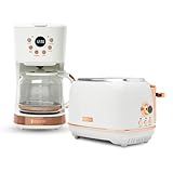 Haden Heritage 2 Slice Wide Slot Stainless Steel Toaster Bundled with 12 Cup Programmable Drip Coffee Maker Coffee Machine, Ivory & Copper
